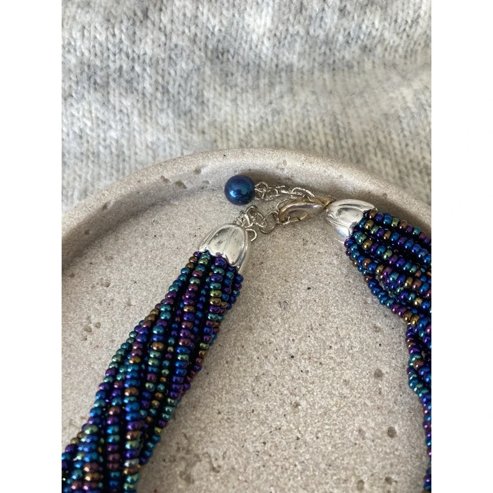 Iridescent Seed Bead Necklace‎ Multi Strand Twisted Peacock Blue Purple Chunky